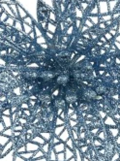 Christmas Warehouse Blue Glitter Netted Vein Leaf Poinsettia Decorative Christmas Flower Pick - 14Cm> Christmas Picks