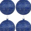 Christmas Warehouse Blue Glittered Christmas Baubles With Silver Glittered Stripes - 4 X 80Mm> Bauble Packs