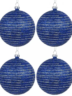 Christmas Warehouse Blue Glittered Christmas Baubles With Silver Glittered Stripes - 4 X 80Mm> Bauble Packs