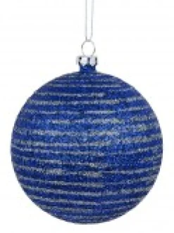 Christmas Warehouse Blue Glittered Christmas Baubles With Silver Glittered Stripes - 4 X 80Mm> Bauble Packs