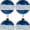 Christmas Warehouse Blue Gloss Christmas Bauble Decorations With Cream Stripe Band - 4 X 80Mm> Bauble Packs