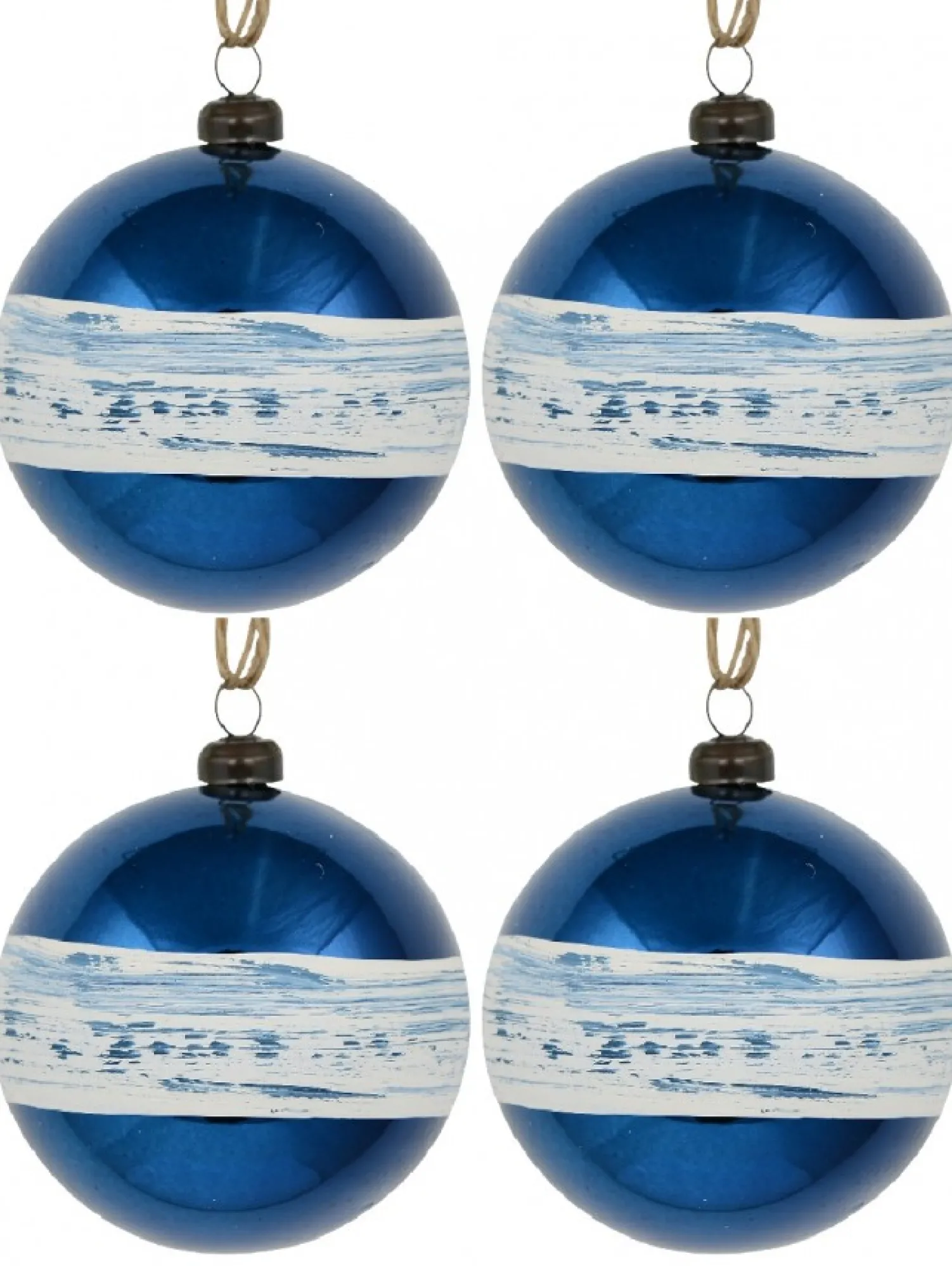 Christmas Warehouse Blue Gloss Christmas Bauble Decorations With Cream Stripe Band - 4 X 80Mm> Bauble Packs