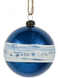 Christmas Warehouse Blue Gloss Christmas Bauble Decorations With Cream Stripe Band - 4 X 80Mm> Bauble Packs