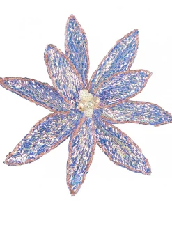 Christmas Warehouse Blue Poinsettia With Iridescent Sequins & Pink Edges Flower Pick - 26Cm> Christmas Picks