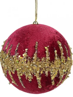 Christmas Warehouse Burgundy Velvet Bauble With Gold Christmas Tree Hanging Decoration - 10Cm> Hanging Decorations - Individual