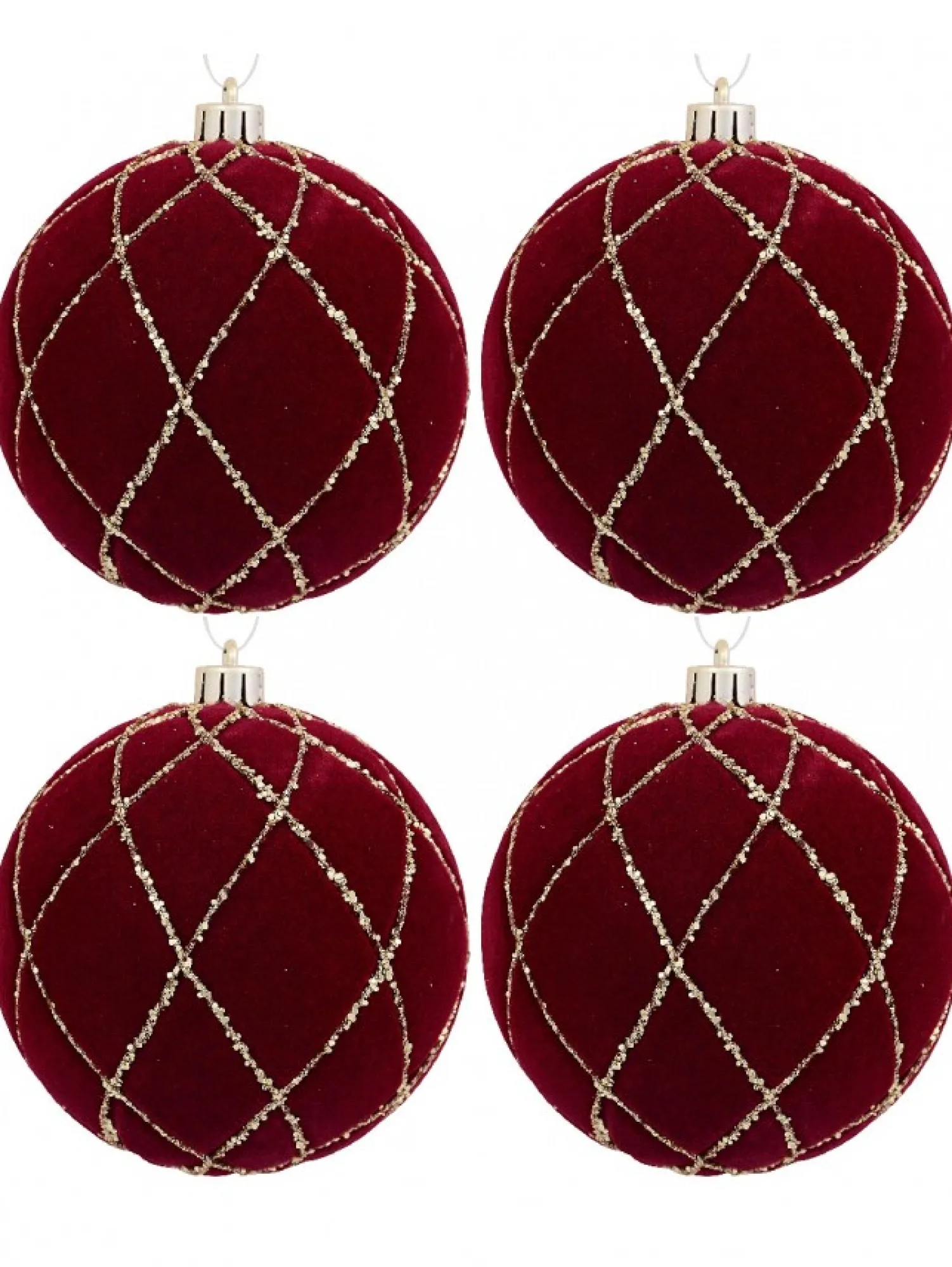 Christmas Warehouse Burgundy Velvet Baubles With Diamond Pattern Gold Sequin Lines - 4 X 10Cm> Bauble Packs