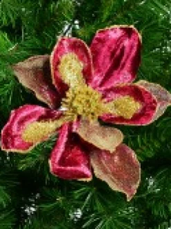 Christmas Warehouse Burgundy With Gold Glitter Magnolia Decorative Christmas Flower Pick - 22Cm><noscript><img width=