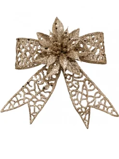 Christmas Warehouse Champagne Mesh Look Ribbon Bow & Poinsettia Christmas Decoration - 15Cm> Christmas Bows