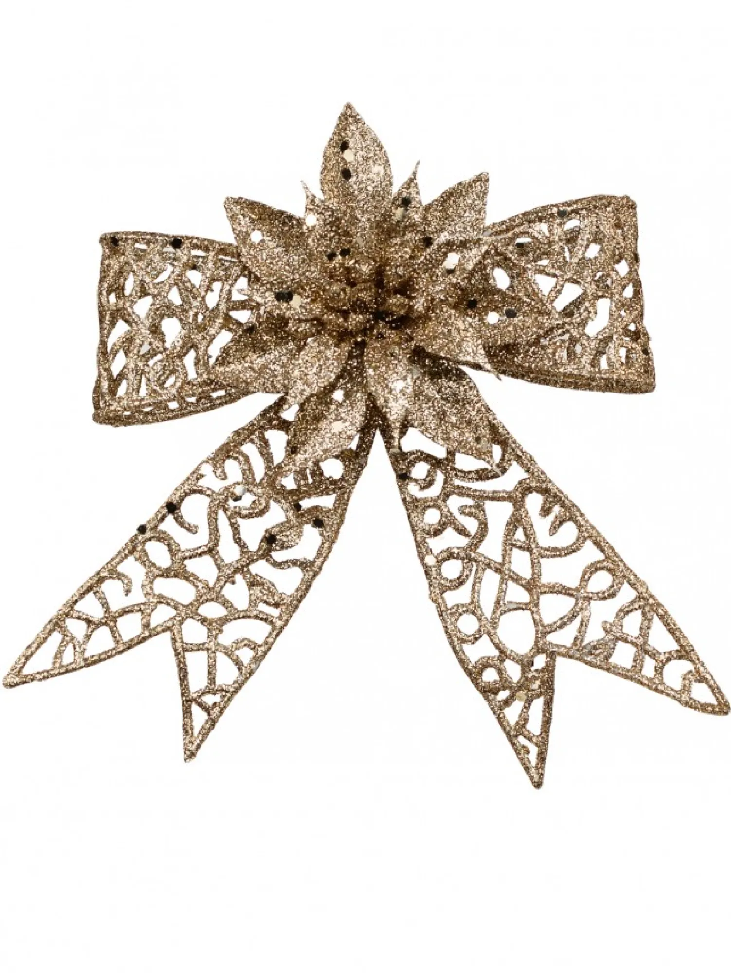 Christmas Warehouse Champagne Mesh Look Ribbon Bow & Poinsettia Christmas Decoration - 15Cm> Christmas Bows