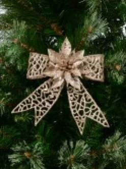 Christmas Warehouse Champagne Mesh Look Ribbon Bow & Poinsettia Christmas Decoration - 15Cm><noscript><img width=