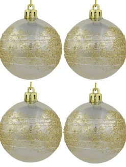 Christmas Warehouse Champagne Pearl Baubles With Gold Glitter & White Stripes - 12 X 60Mm> Bauble Packs
