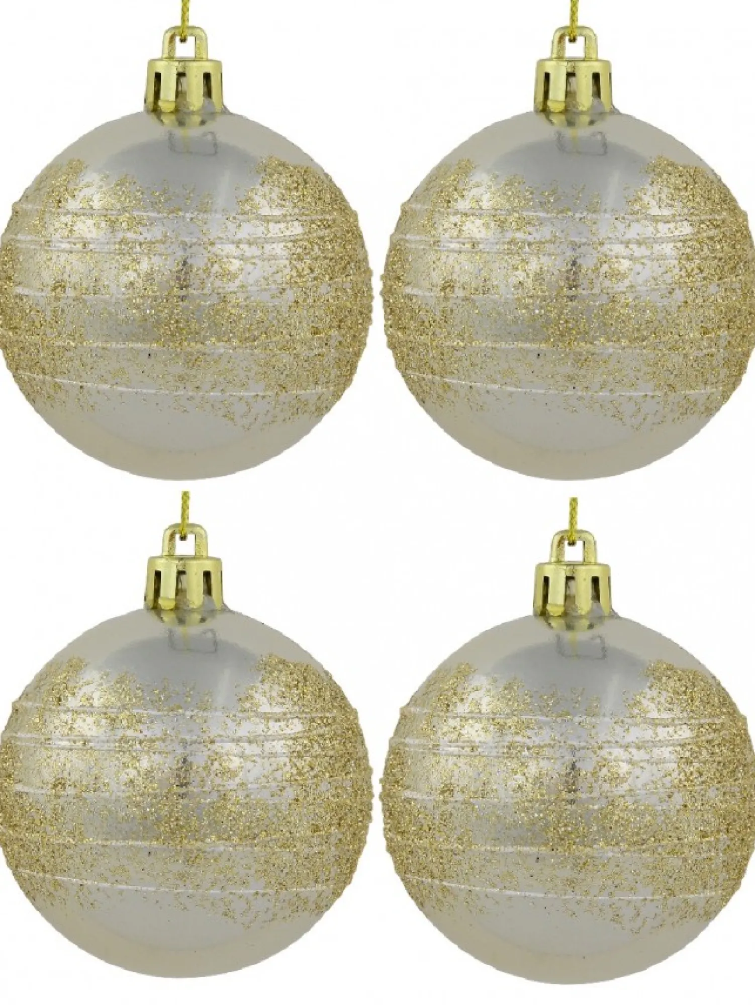 Christmas Warehouse Champagne Pearl Baubles With Gold Glitter & White Stripes - 12 X 60Mm> Bauble Packs