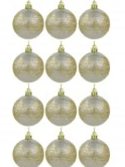 Christmas Warehouse Champagne Pearl Baubles With Gold Glitter & White Stripes - 12 X 60Mm> Bauble Packs
