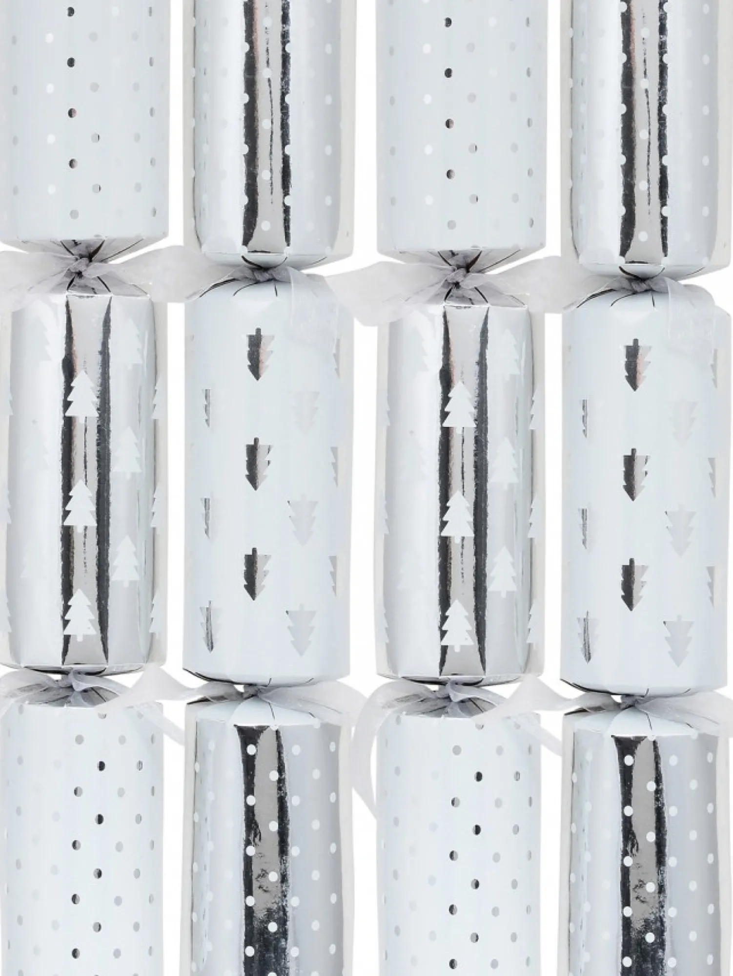 Christmas Warehouse Christmas Jingle Shiny Silver & White Tree & Dots Pattern Bon Bons - 10 X 34Cm> Christmas Cracker Bon Bon Packs (4 - 16 Per Pack)