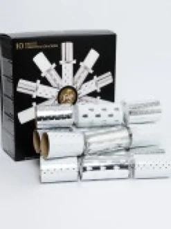 Christmas Warehouse Christmas Jingle Shiny Silver & White Tree & Dots Pattern Bon Bons - 10 X 34Cm> Christmas Cracker Bon Bon Packs (4 - 16 Per Pack)