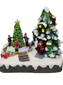 Christmas Warehouse Christmas Tree Scene With Kids & Elf With Led Lights & Animated Tree - 19Cm> Christmas Village Scenes