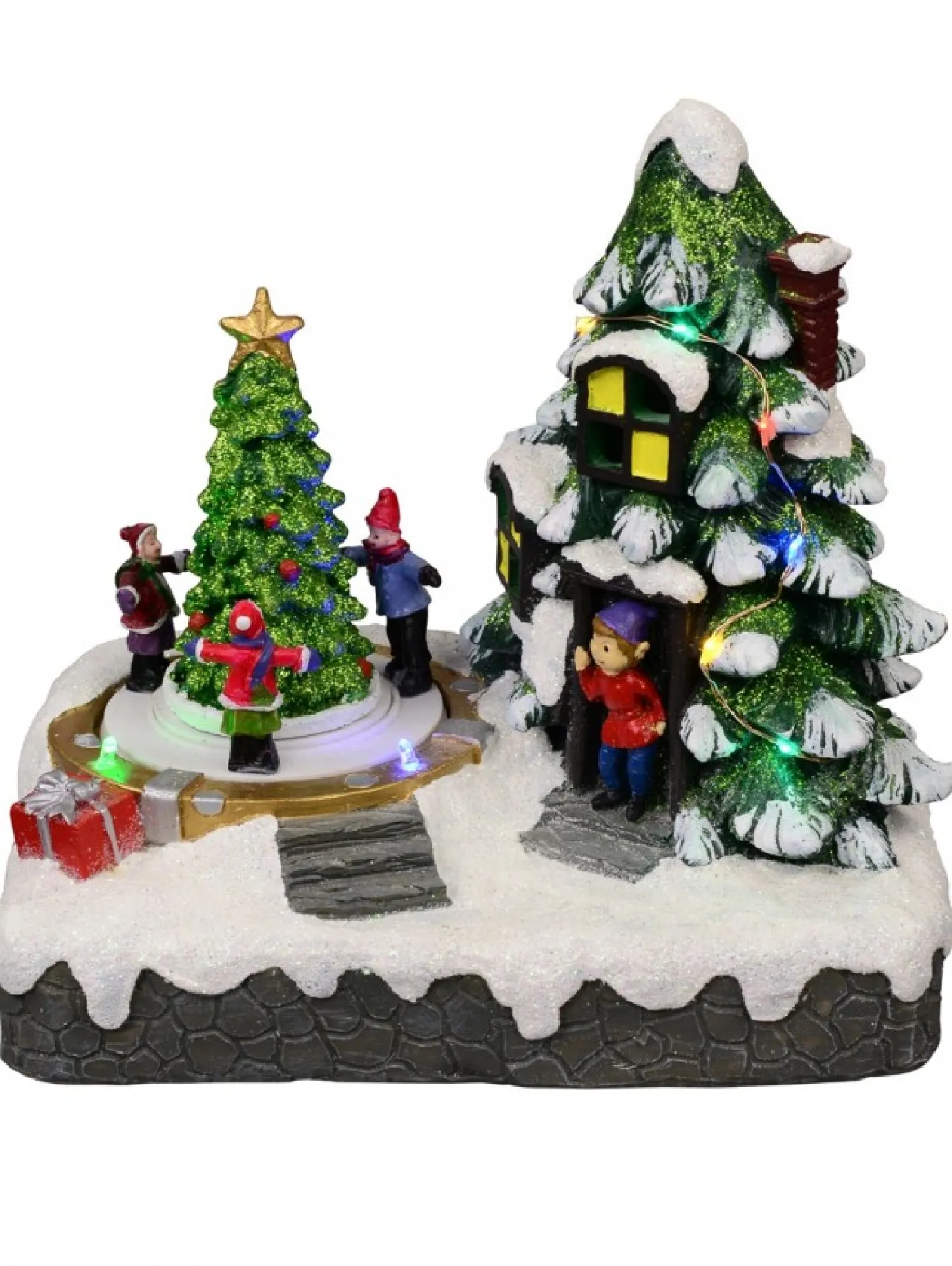 Christmas Warehouse Christmas Tree Scene With Kids & Elf With Led Lights & Animated Tree - 19Cm> Christmas Village Scenes