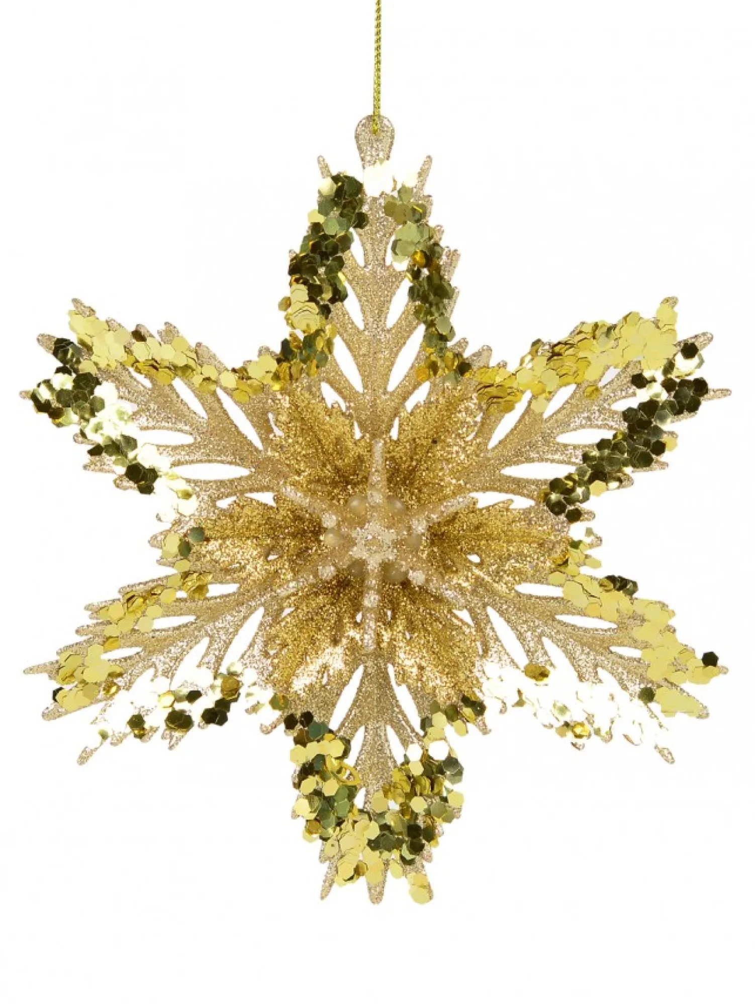 Christmas Warehouse 3D Gold Snowflake With Sequins Christmas Tree Hanging Decoration - 15Cm> Hanging Decorations - Individual