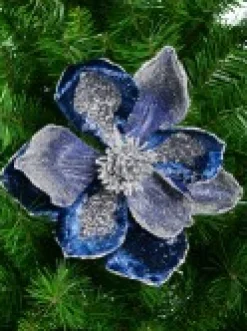Christmas Warehouse Dark Blue With Silver Glitter Magnolia Decorative Christmas Flower Pick - 22Cm><noscript><img width=