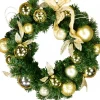 Christmas Warehouse Decorated Gold & Champagne Bauble, Leaf Stem & Bow Pine Wreath - 45Cm> Christmas Wreaths
