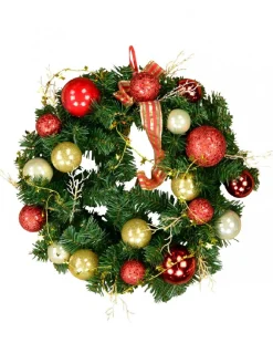 Christmas Warehouse Decorated Red & Gold Bauble, Ribbon & Twigs Pine Wreath - 44Cm> Christmas Wreaths