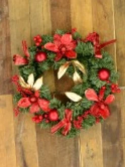 Christmas Warehouse Decorated Red Bauble, Berry & Poinsettia & Gold Leaf Pine Wreath - 40Cm> Christmas Wreaths