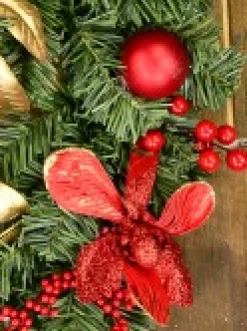 Christmas Warehouse Decorated Red Bauble, Berry & Poinsettia & Gold Leaf Pine Wreath - 40Cm><noscript><img width=