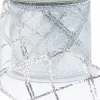 Christmas Warehouse Diagonal Lines Pattern On Sheer Christmas Ribbon With Silver Edging - 3M> Christmas Ribbon