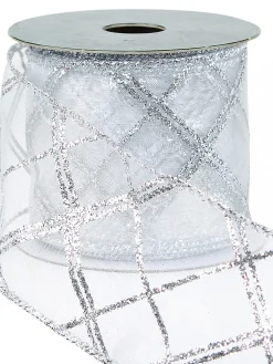 Christmas Warehouse Diagonal Lines Pattern On Sheer Christmas Ribbon With Silver Edging - 3M> Christmas Ribbon