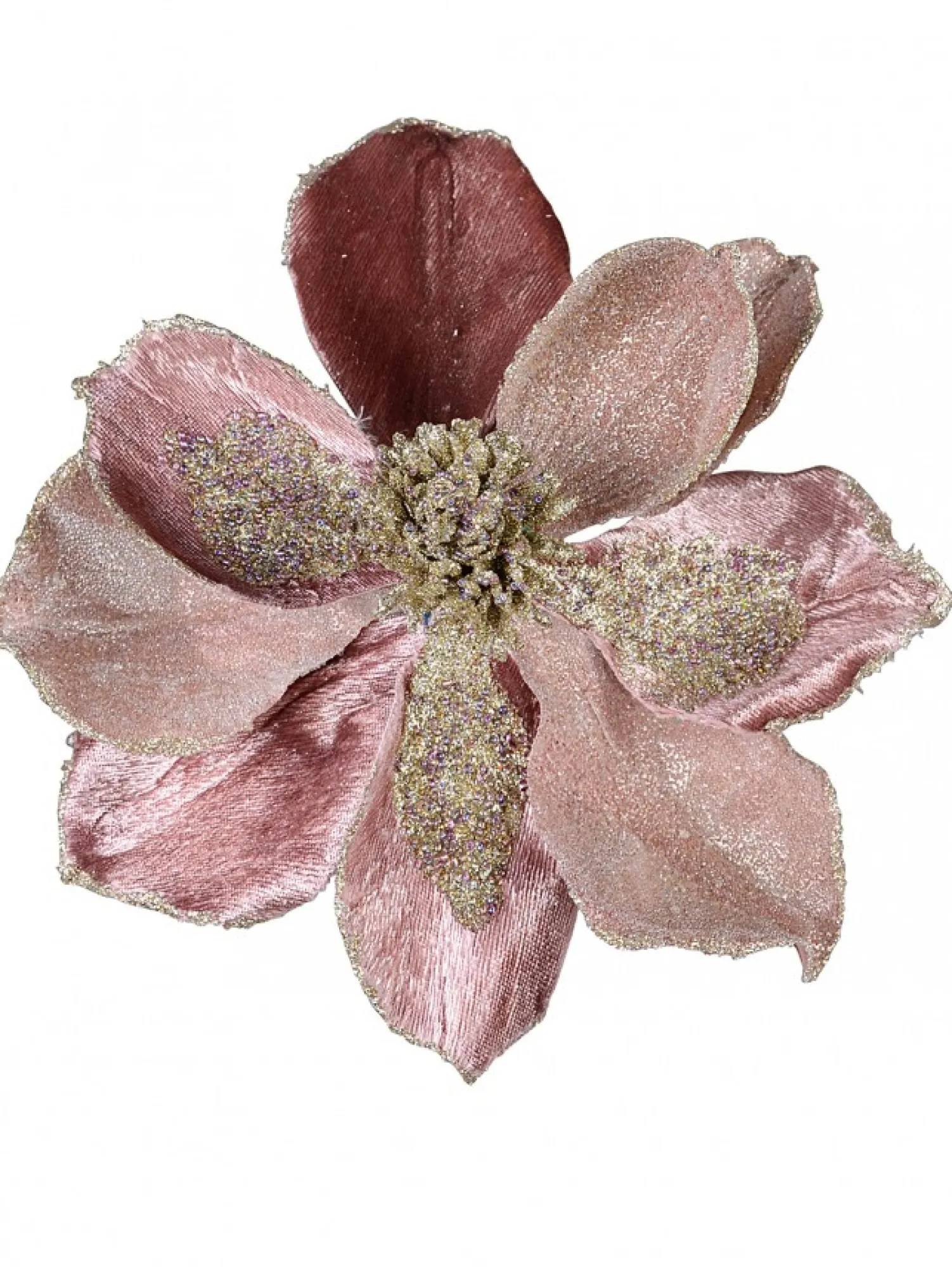 Christmas Warehouse Dusty Rose & Champagne Glitter Magnolia Christmas Flower Pick - 22Cm> Christmas Picks