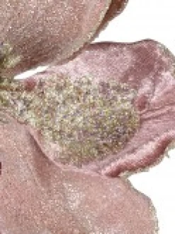 Christmas Warehouse Dusty Rose & Champagne Glitter Magnolia Christmas Flower Pick - 22Cm> Christmas Picks