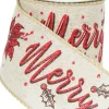 Christmas Warehouse Font & Floral Pattern On Mesh Fabric Christmas Ribbon With Natural Edging - 3M> Christmas Ribbon