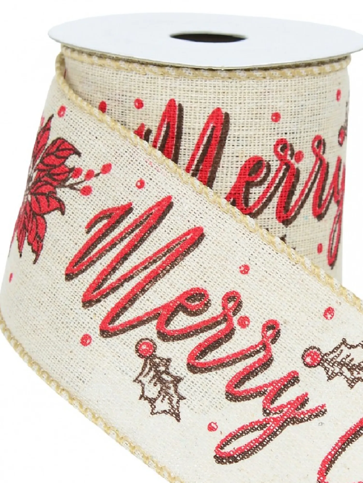 Christmas Warehouse Font & Floral Pattern On Mesh Fabric Christmas Ribbon With Natural Edging - 3M> Christmas Ribbon