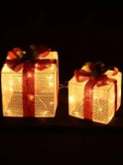 Christmas Warehouse Glittered White Mesh 3D Gift Boxes With Bow & Warm White Led Lights - 30Cm> Christmas Light Displays - 3D