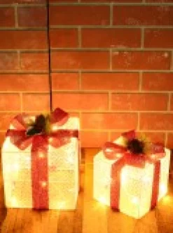 Christmas Warehouse Glittered White Mesh 3D Gift Boxes With Bow & Warm White Led Lights - 30Cm><noscript><img width=