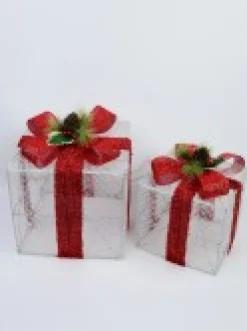 Christmas Warehouse Glittered White Mesh 3D Gift Boxes With Bow & Warm White Led Lights - 30Cm><noscript><img width=