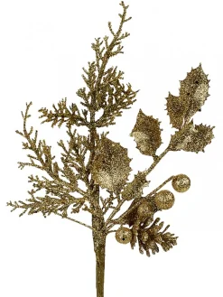 Christmas Warehouse Gold Glitter Mixed Foliage With Pine Cone & Berries Christmas Spray Pick - 28Cm> Christmas Picks