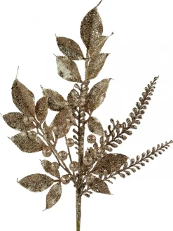 Christmas Warehouse Gold Glittered Leaves, Berries & Eucalyptus Christmas Spray Stem - 54Cm> Christmas Stems