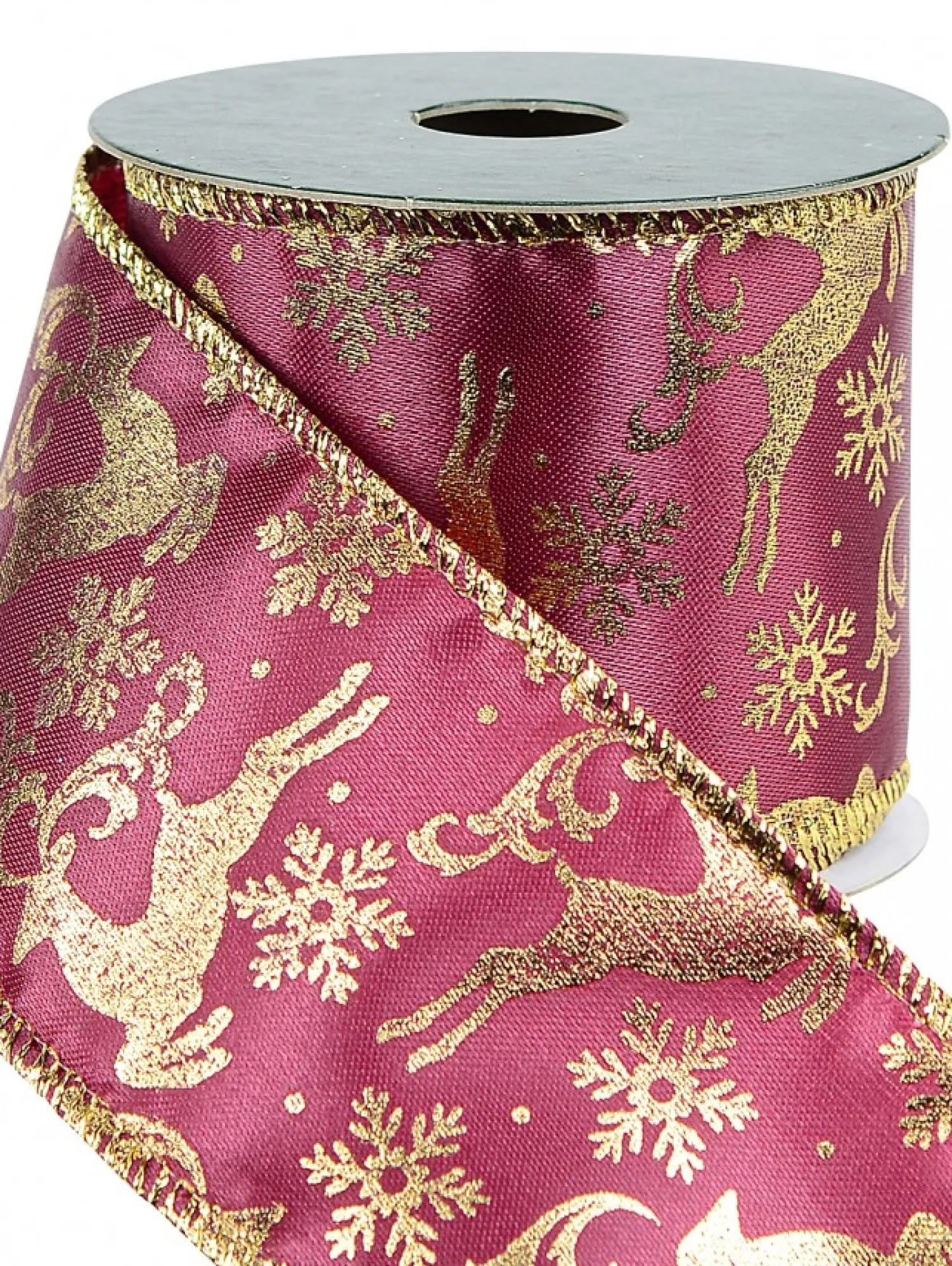 Christmas Warehouse Gold Reindeer Pattern On Burgundy Christmas Ribbon With Gold Edging - 3M> Christmas Ribbon