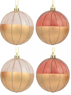 Christmas Warehouse Gold With Rose Gold Or Clear & Gold Glitter Lines Christmas Baubles - 4 X 80Mm> Bauble Packs