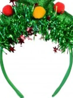 Christmas Warehouse Green Christmas Tree Headband With Tinsel, Balls & Star - One Size Fits Most><noscript><img width=