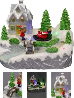 Christmas Warehouse Home By The River & Train Christmas Scene With Led & Fibre Lights - 15Cm> Christmas Village Scenes