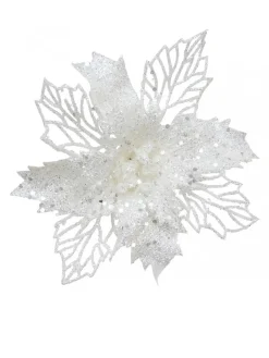 Christmas Warehouse Iridescent Glitter Petal & Leaf Poinsettia Christmas Flower Pick - 18Cm> Christmas Picks