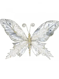 Christmas Warehouse Large Platinum Butterfly With Sheer Wings Decorative Christmas Pick - 32Cm> Christmas Picks