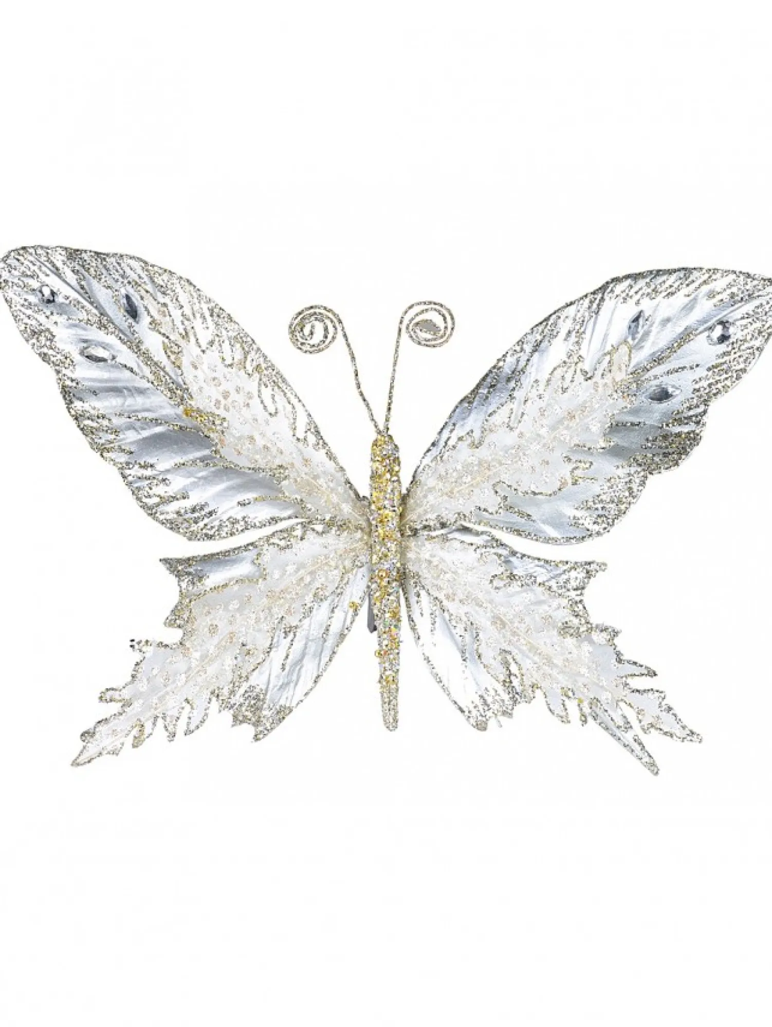 Christmas Warehouse Large Platinum Butterfly With Sheer Wings Decorative Christmas Pick - 32Cm> Christmas Picks