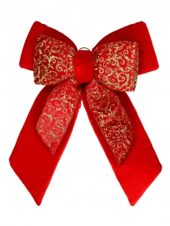 Christmas Warehouse Large Red Felt Double Bow With Gold Glitter Pattern Display Decoration - 48Cm> Christmas Bows