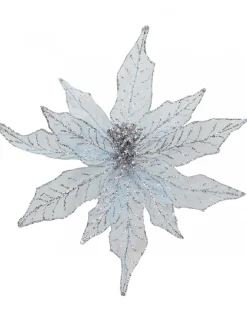 Christmas Warehouse Light Baby Blue Glittered Mesh Leaf Poinsettia Christmas Flower Pick - 28Cm> Christmas Picks