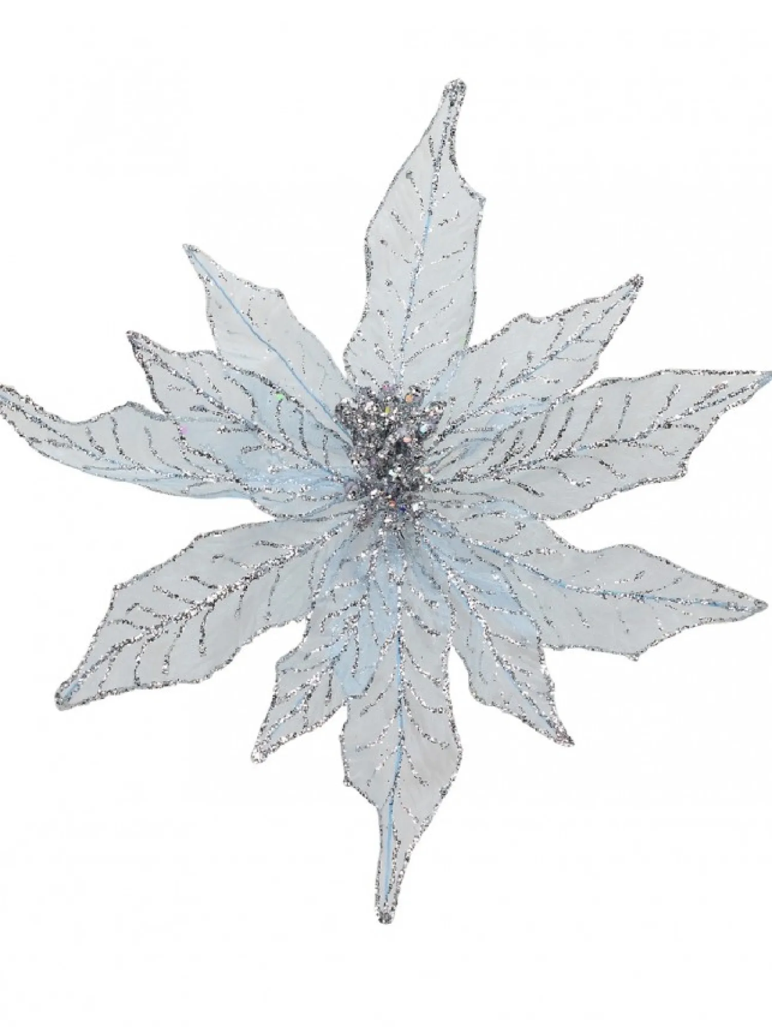 Christmas Warehouse Light Baby Blue Glittered Mesh Leaf Poinsettia Christmas Flower Pick - 28Cm> Christmas Picks