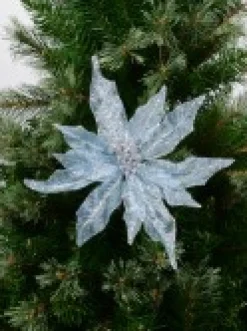 Christmas Warehouse Light Baby Blue Glittered Mesh Leaf Poinsettia Christmas Flower Pick - 28Cm><noscript><img width=