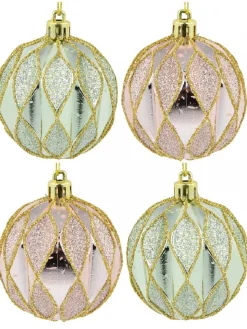 Christmas Warehouse Light Pink & Green Geometric Shiny & Glittered Christmas Baubles - 6 X 60Mm> Bauble Packs